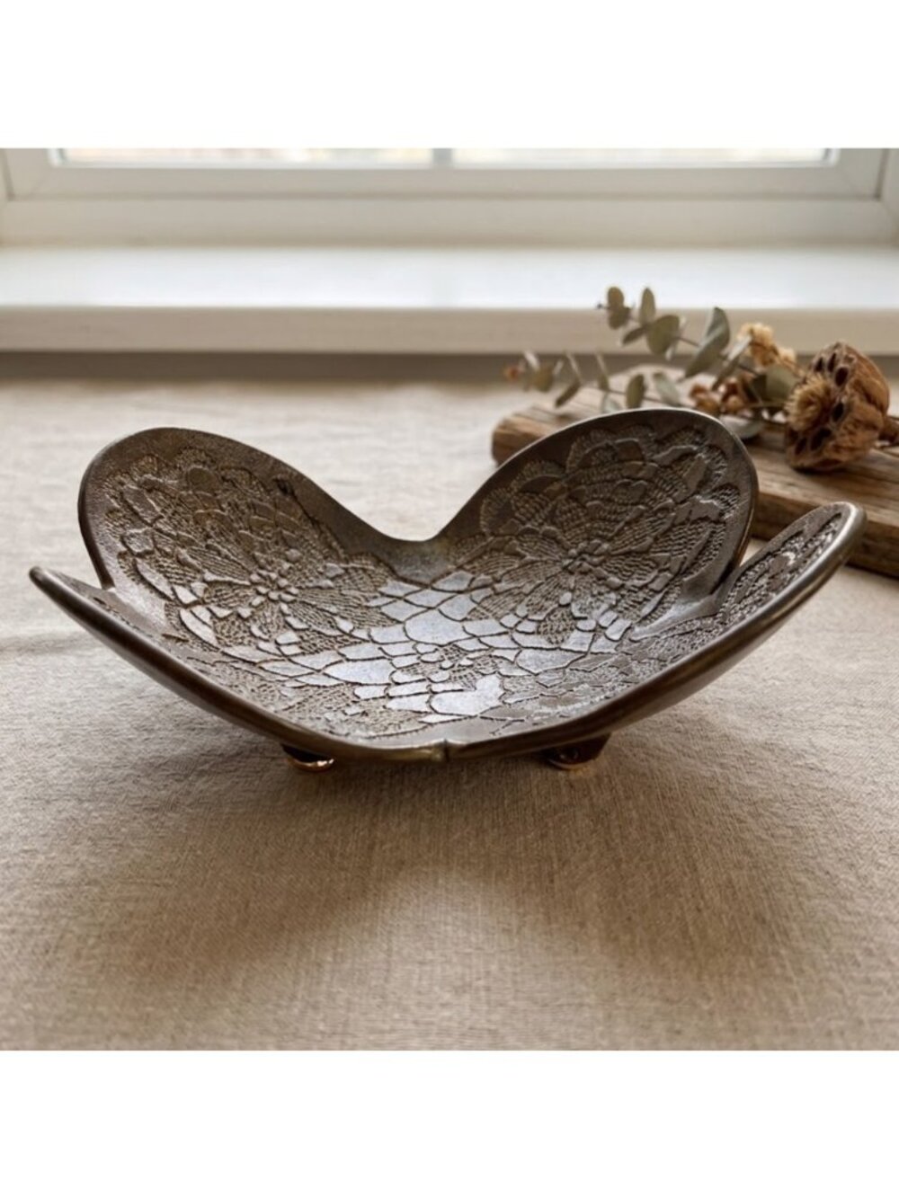 Vintage Pottery Floral Etched Bowl Artisan Handmade Signed Brown Boho Home Decor